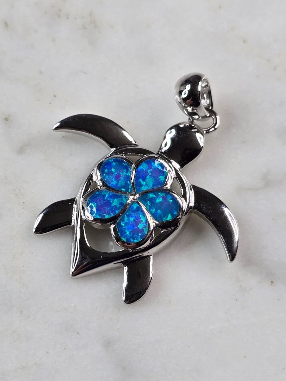 Womens Sterling Silver Blue Opal Sea Turtle Plumeria Pendant 3.7g E2307